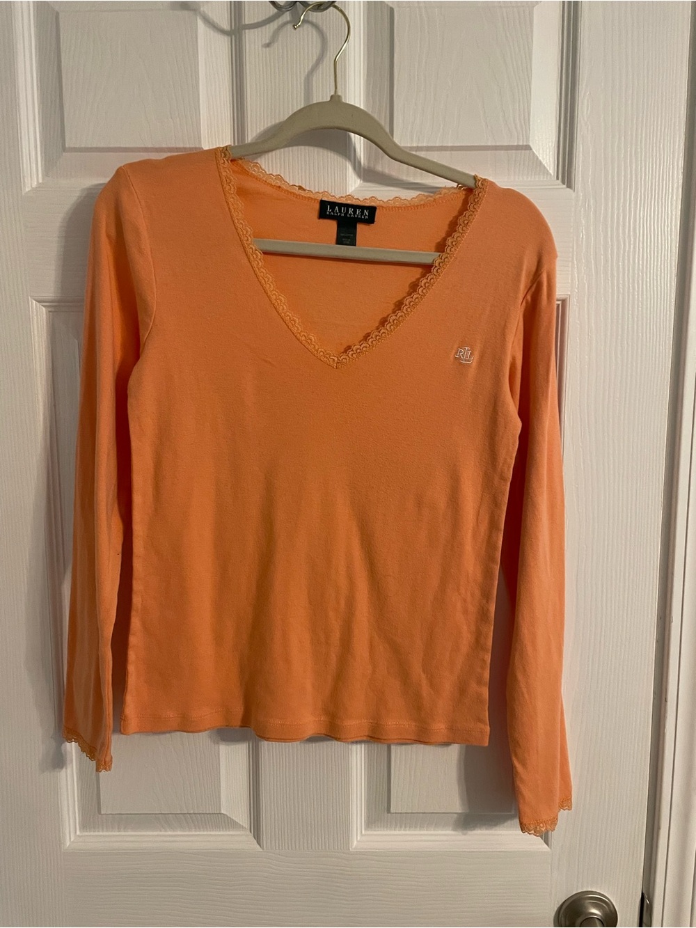 Ralph Lauren Peach Lace-Trim V-Neck Long Sleeve Tee